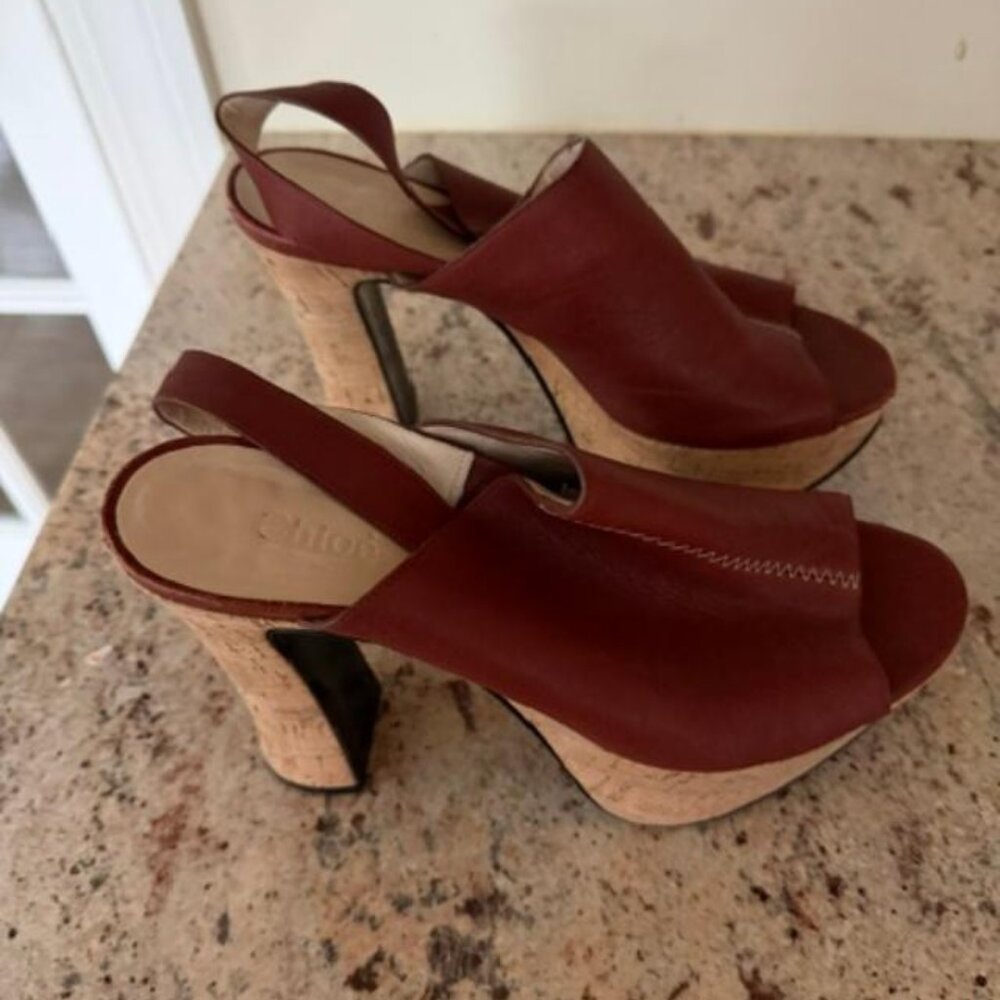 Share CHLOÉ Alice Leather and Cork Platform Sling Back Pumps 40 / 9.5, Made in I